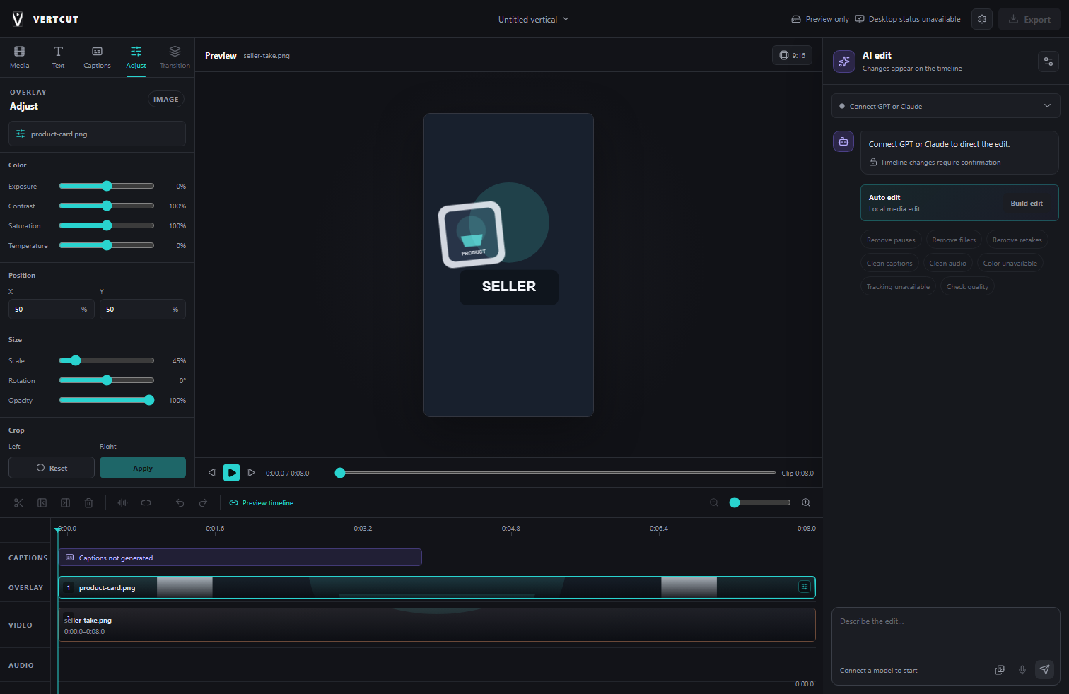 VertCut Beta 50 editor with a seller product preview, adjustment controls, editable timeline, and AI editing panel